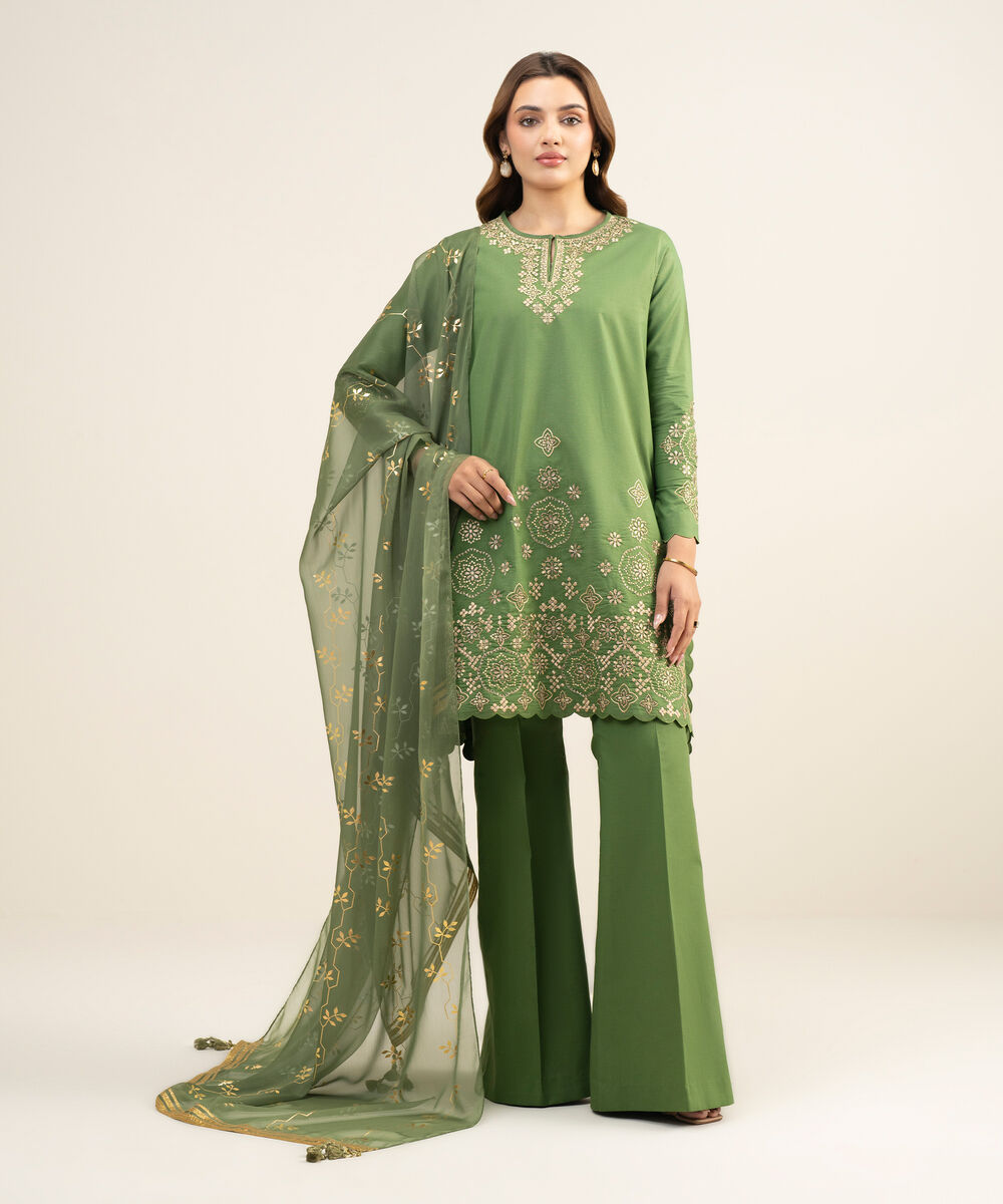 Women's Unstitched Zari Lawn Embroidered Green  3 Piece Suit