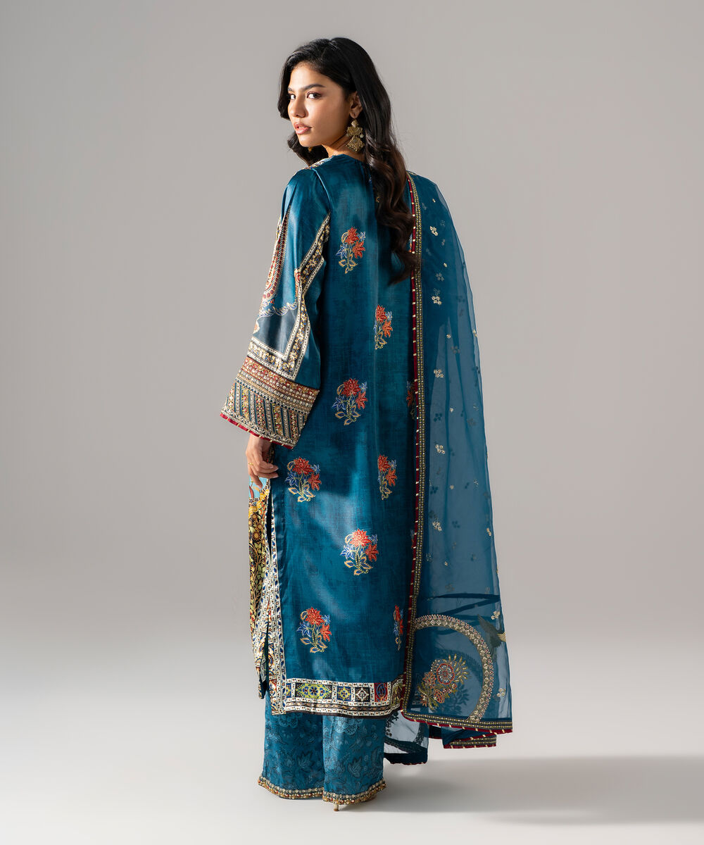 Women's RTW Blended Satin Embroidered Teal 3 Piece Suit