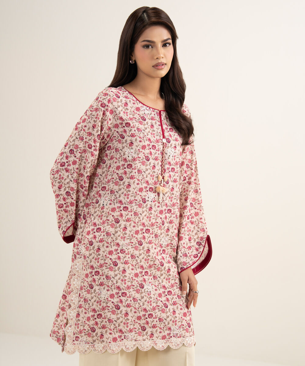 Women's RTW Viscose Raw Silk Embroidered Pink Straight Shirt