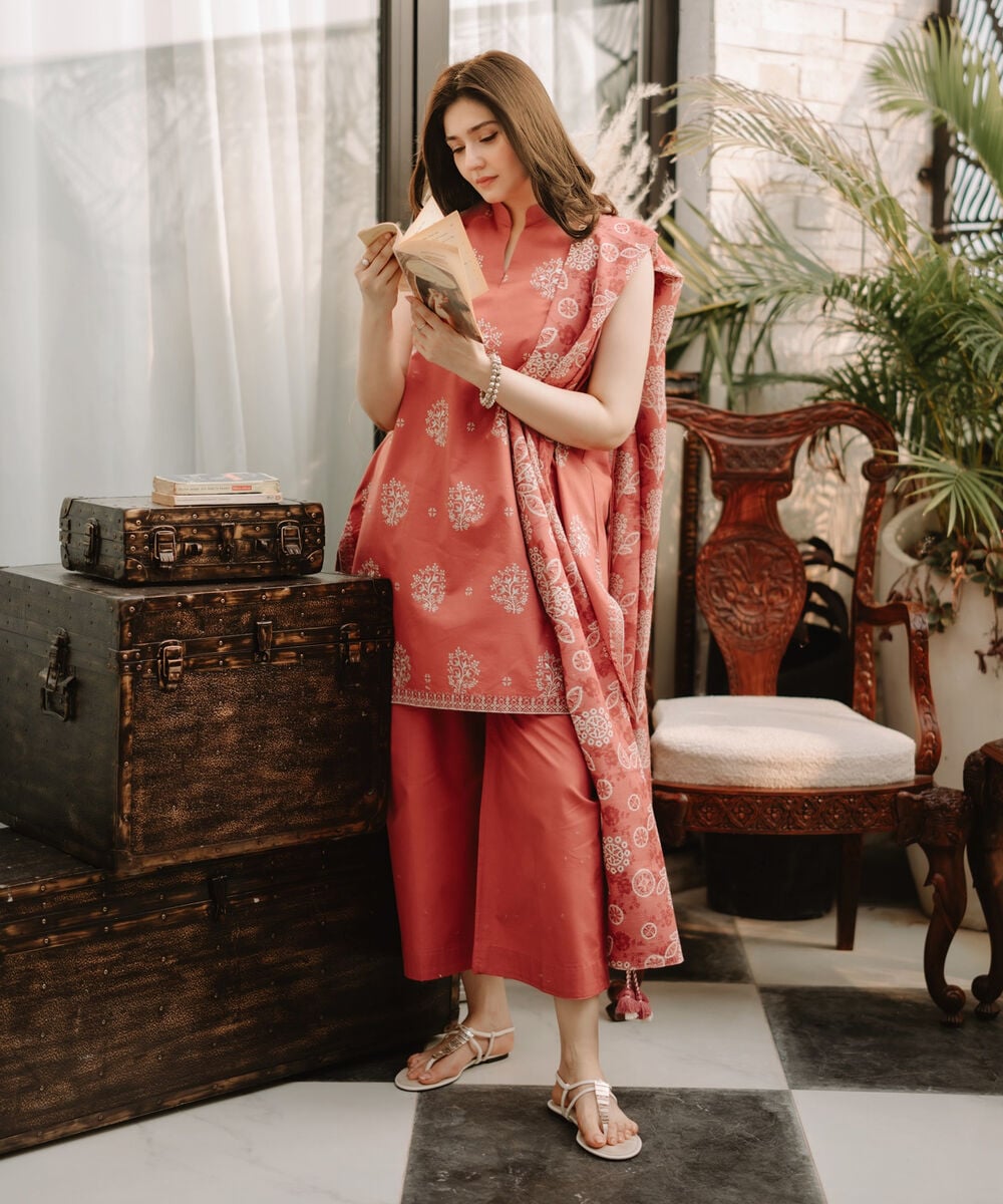 Women's Unstitched Basic Khaddar Embroidered Peach 3 Piece Suit