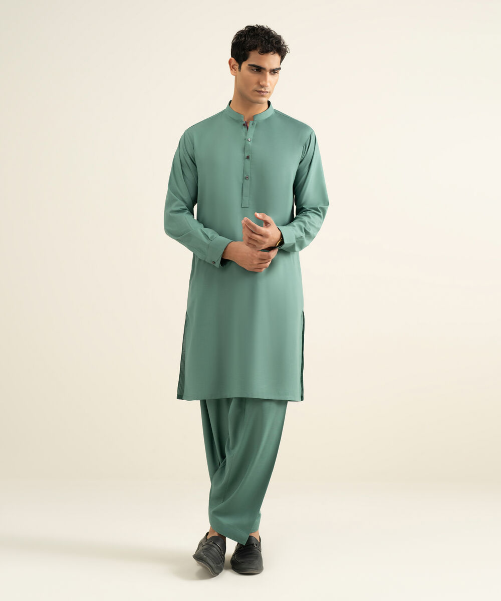 Men's jade Blended Linen Kameez Shalwar