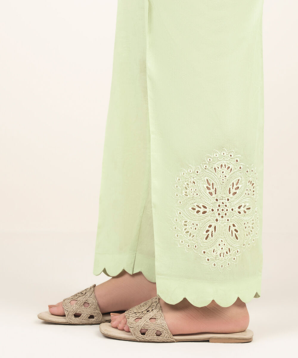Women's RTW Self Jacquard Embroidered Green Straight Pants