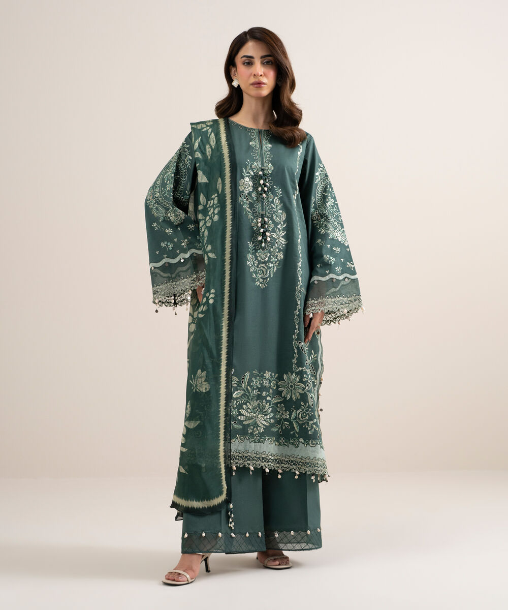 Women's Unstitched Dobby Embroidered Green 3 Piece Suit