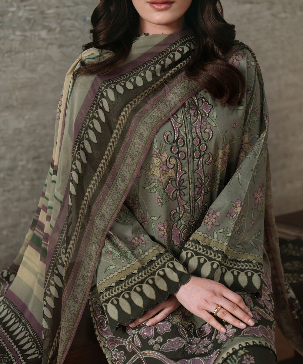 Women's Unstitched Lawn Embroidered Moss Green 3 Piece Suit