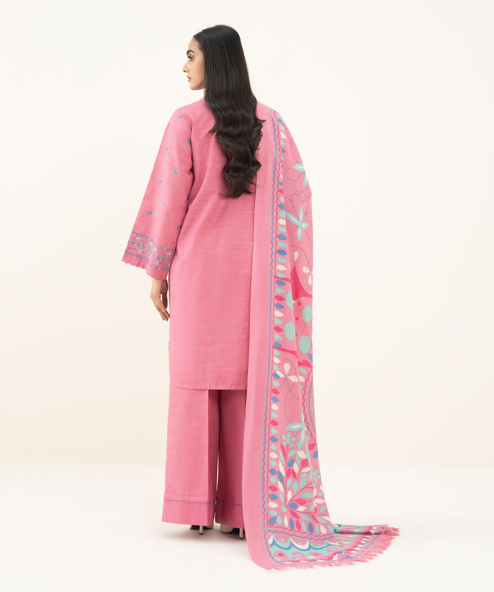 Women's Unstitched Embroidered Zari Khaddar Pink 3 Piece Suit