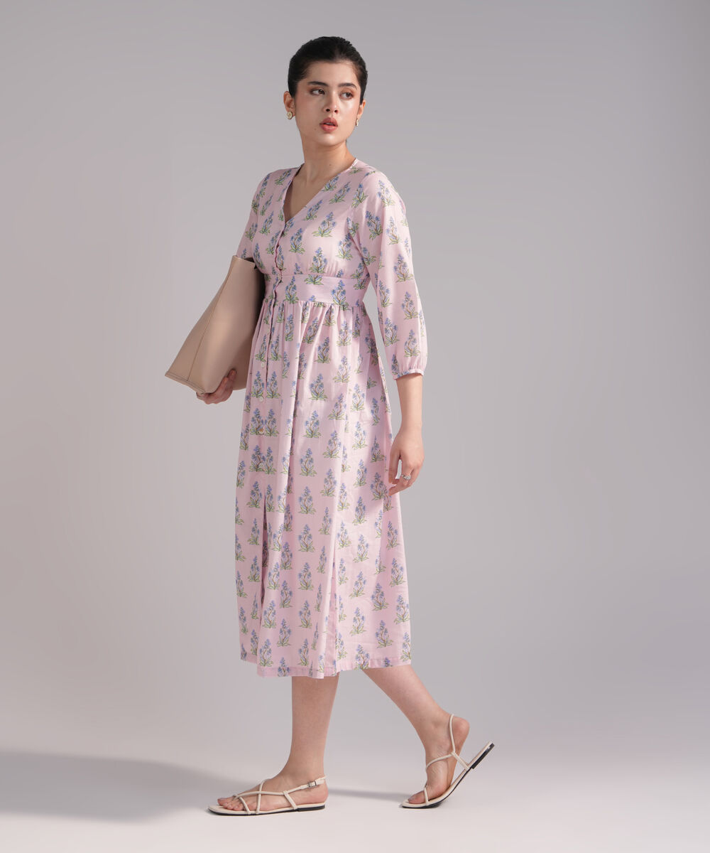 Women's RTW Slub Lawn Printed Pink Dress Shirt