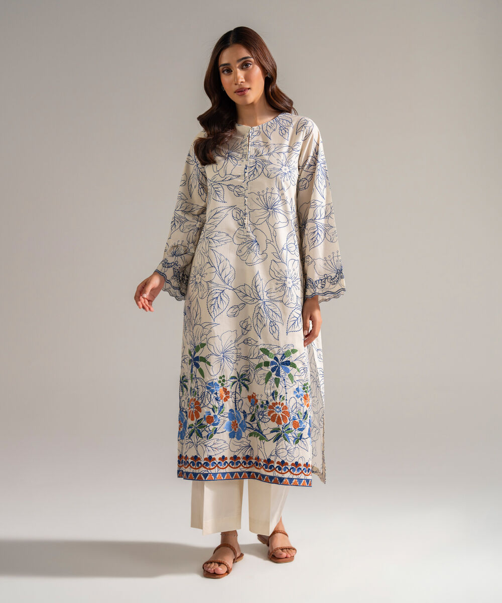 Women's RTW Cambric Embroidered White 2 Piece Suit