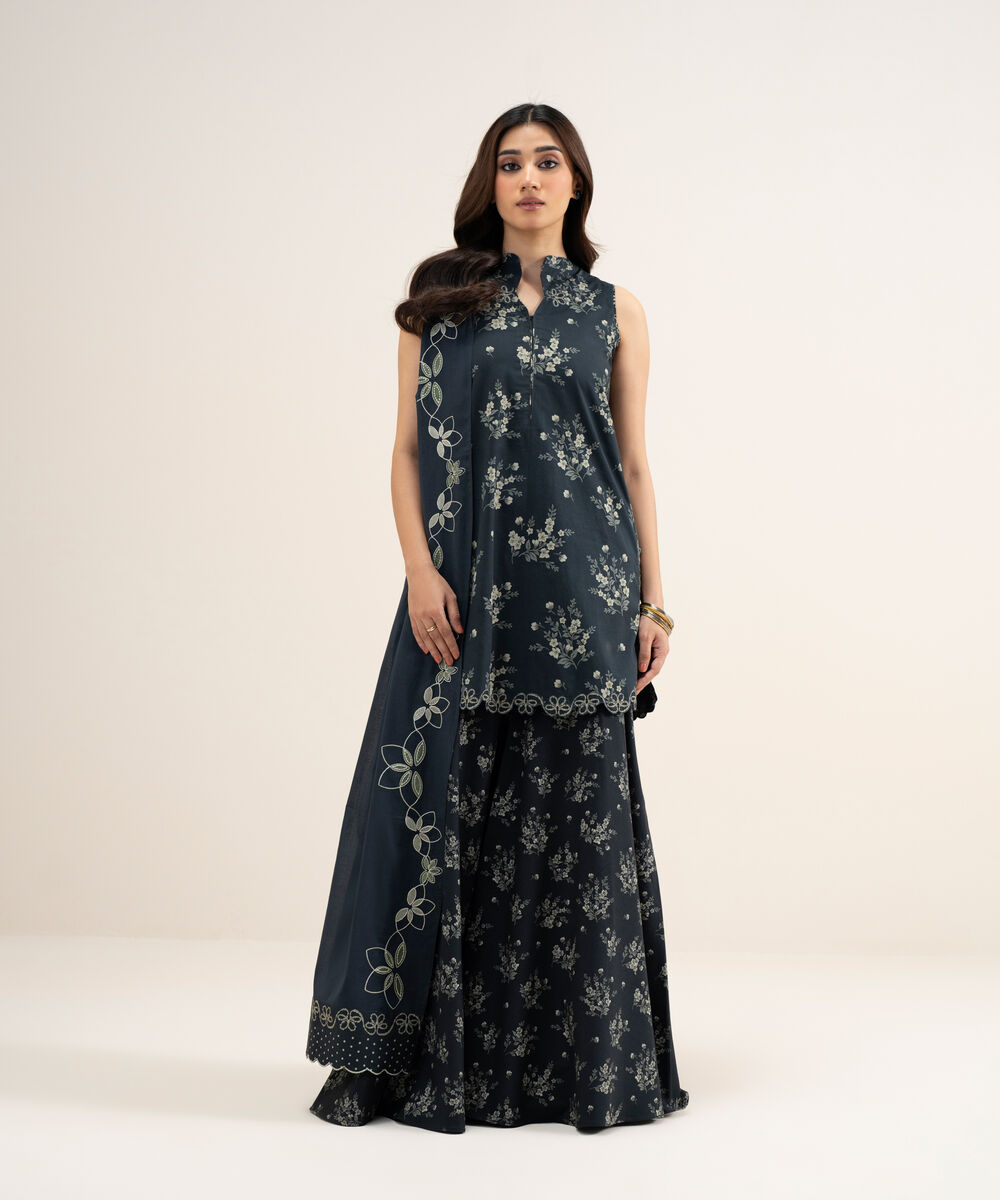 Women's Unstitched Lawn Embroidered Black and Off White 3 Piece Suit