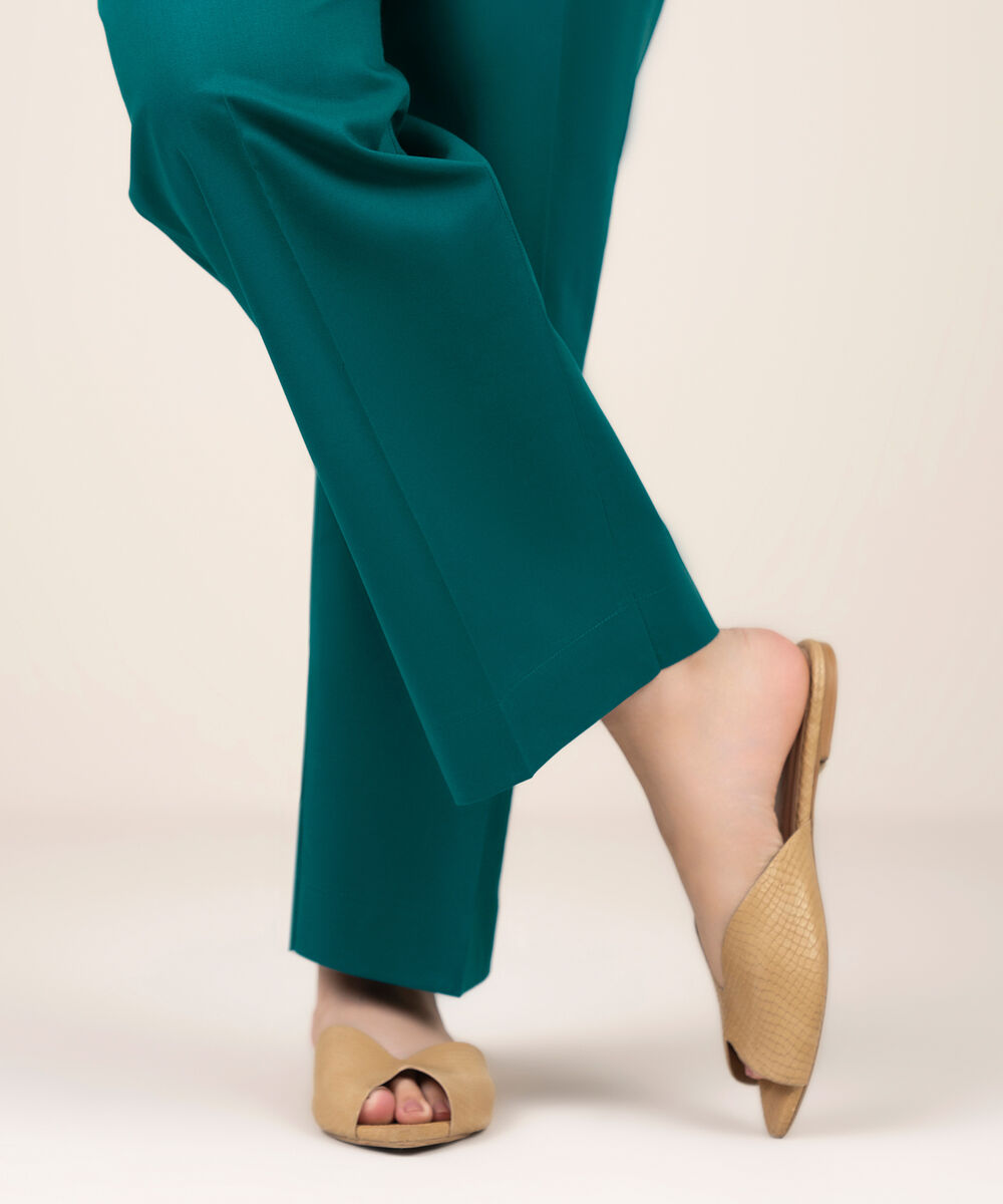 Women's RTW Cotton Solid Teal Straight Pants