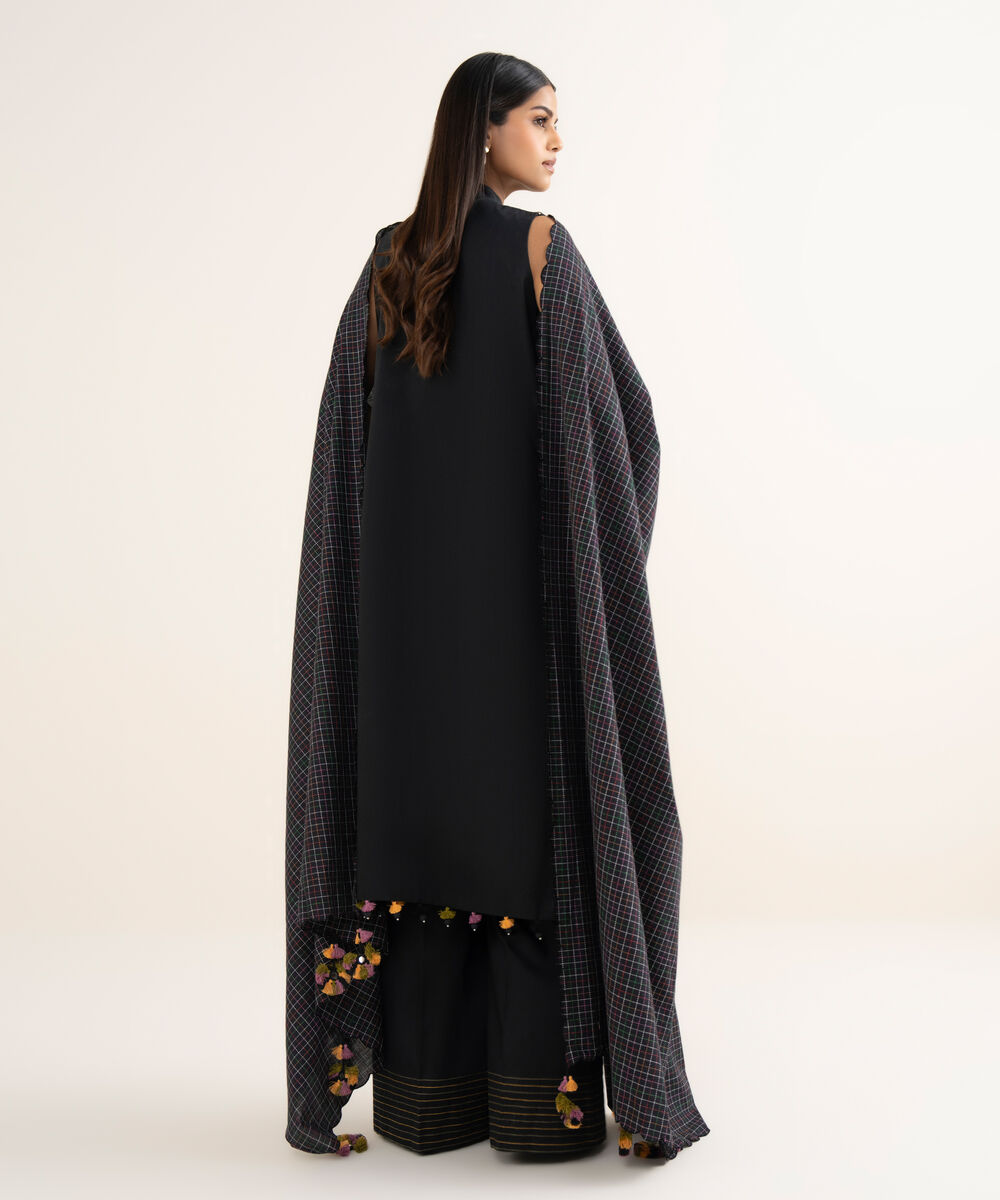 Women's Unstitched Embroidered Cotton Black 3 Piece Suit