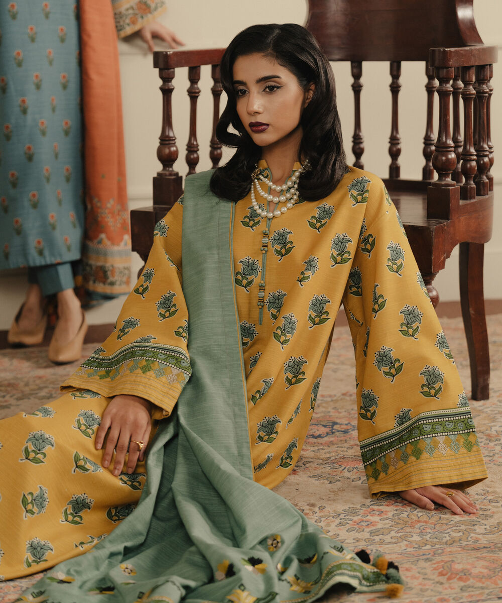 Women's Unstitched Printed Khaddar Mustard 3 Piece Suit