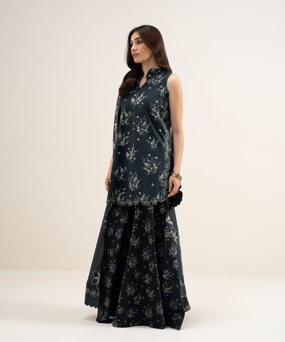 Women's Unstitched Lawn Embroidered Black and Off White 3 Piece Suit