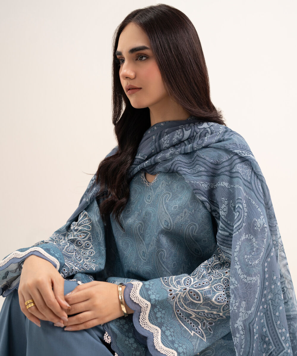 Women's Unstitched Zari Lawn Embroidered Blue 3 Piece Suit