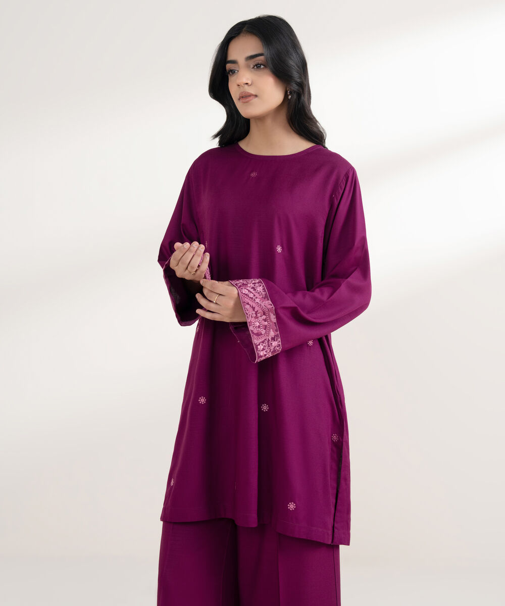 Women's RTW Arabic Khaddar Embroidered Magenta Straight Shirt