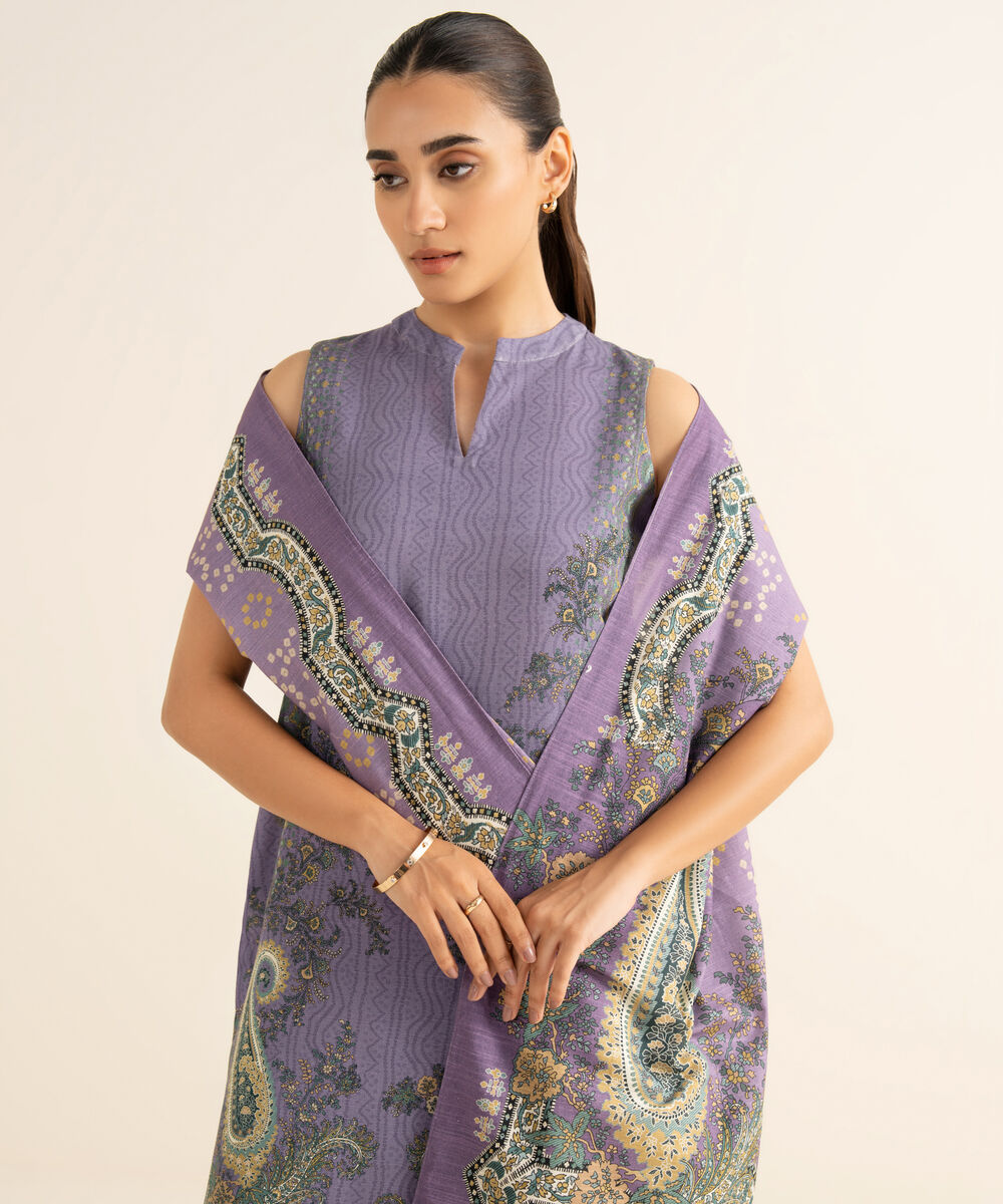 Women's Unstitched Cotton Printed Purple 3 Piece Suit