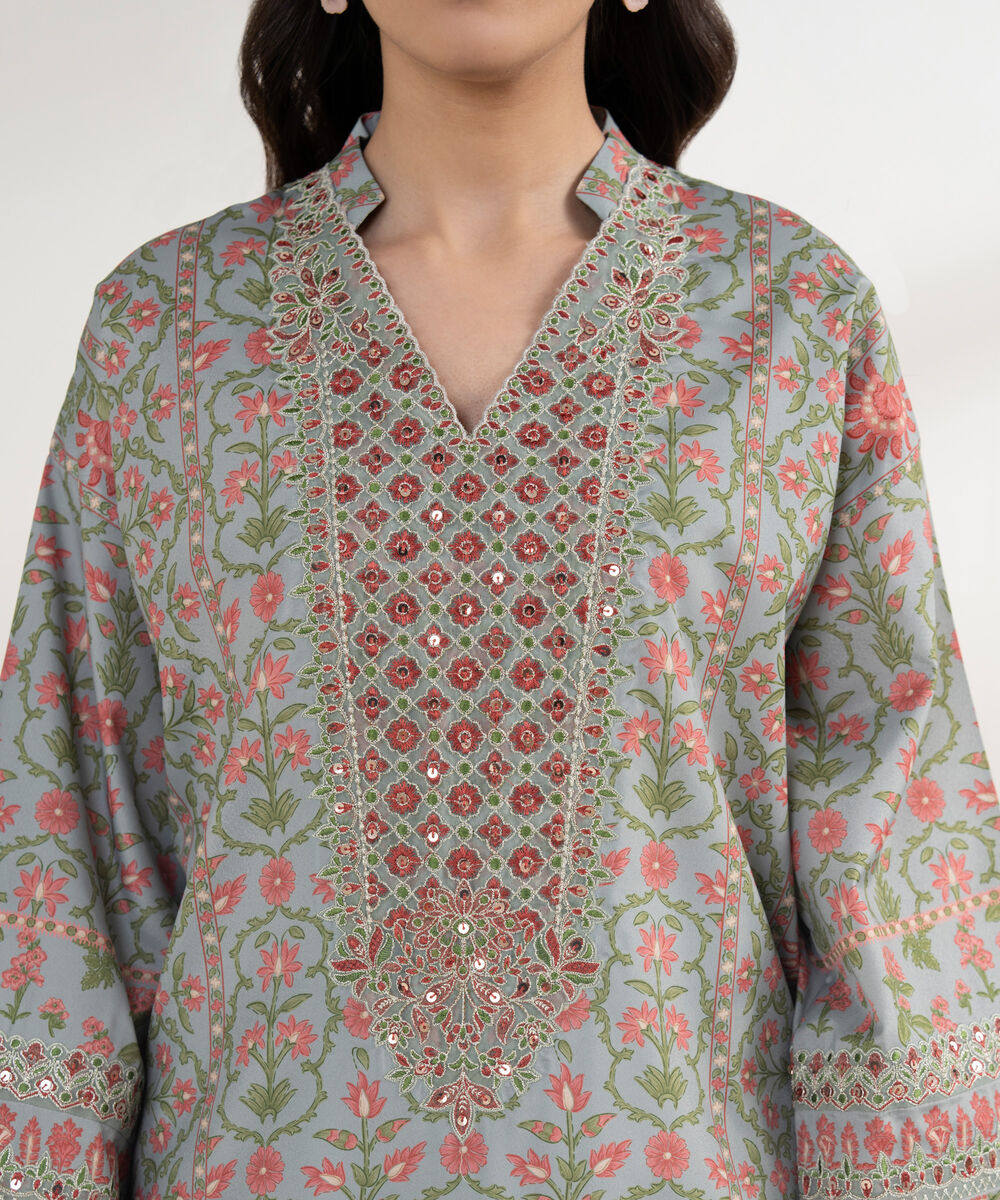 Women's Unstitched Blended Grip Silk Printed Blue 3 Piece Suit