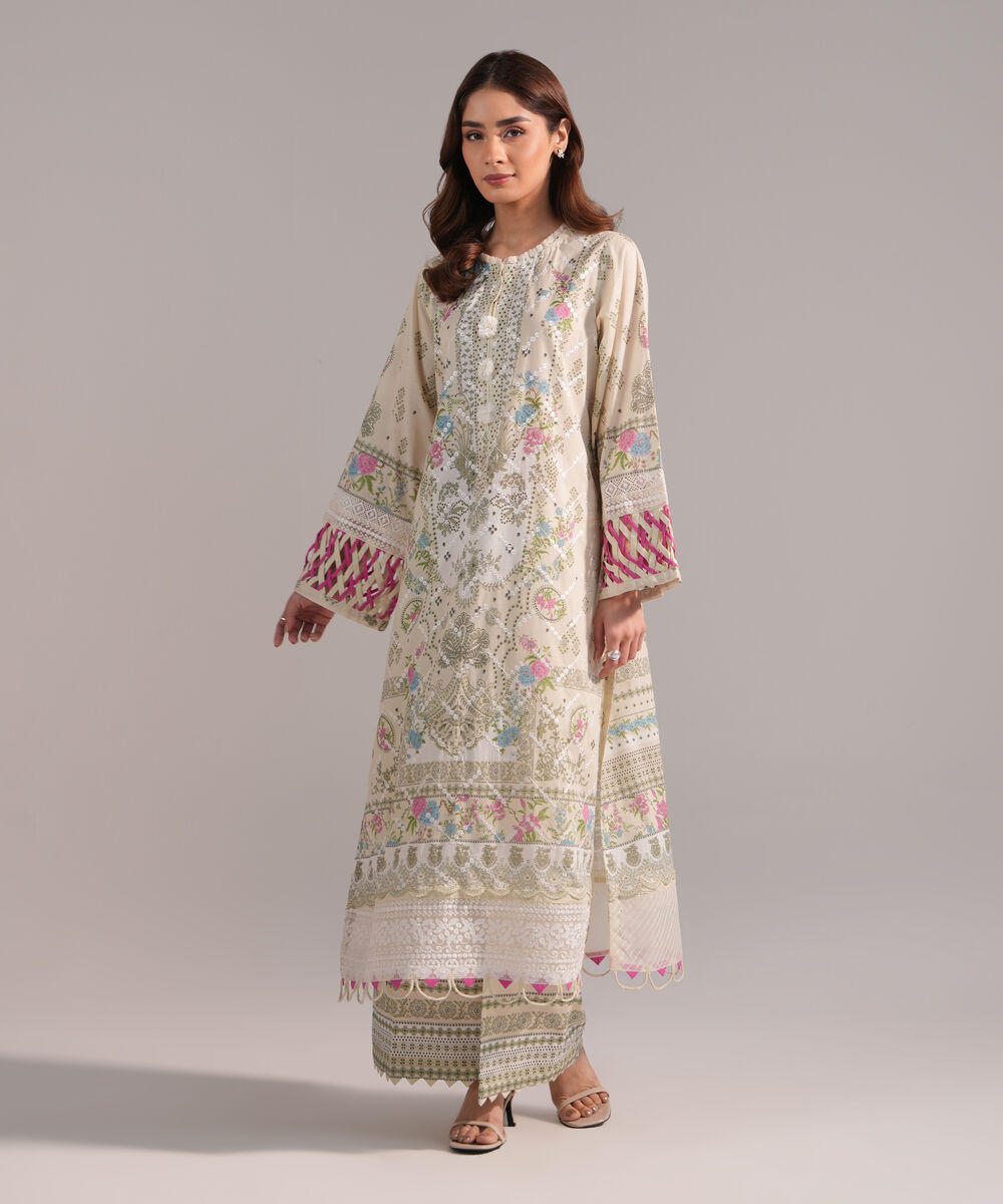 Women's RTW Lawn Embroidered Light Green A-Line Shirt