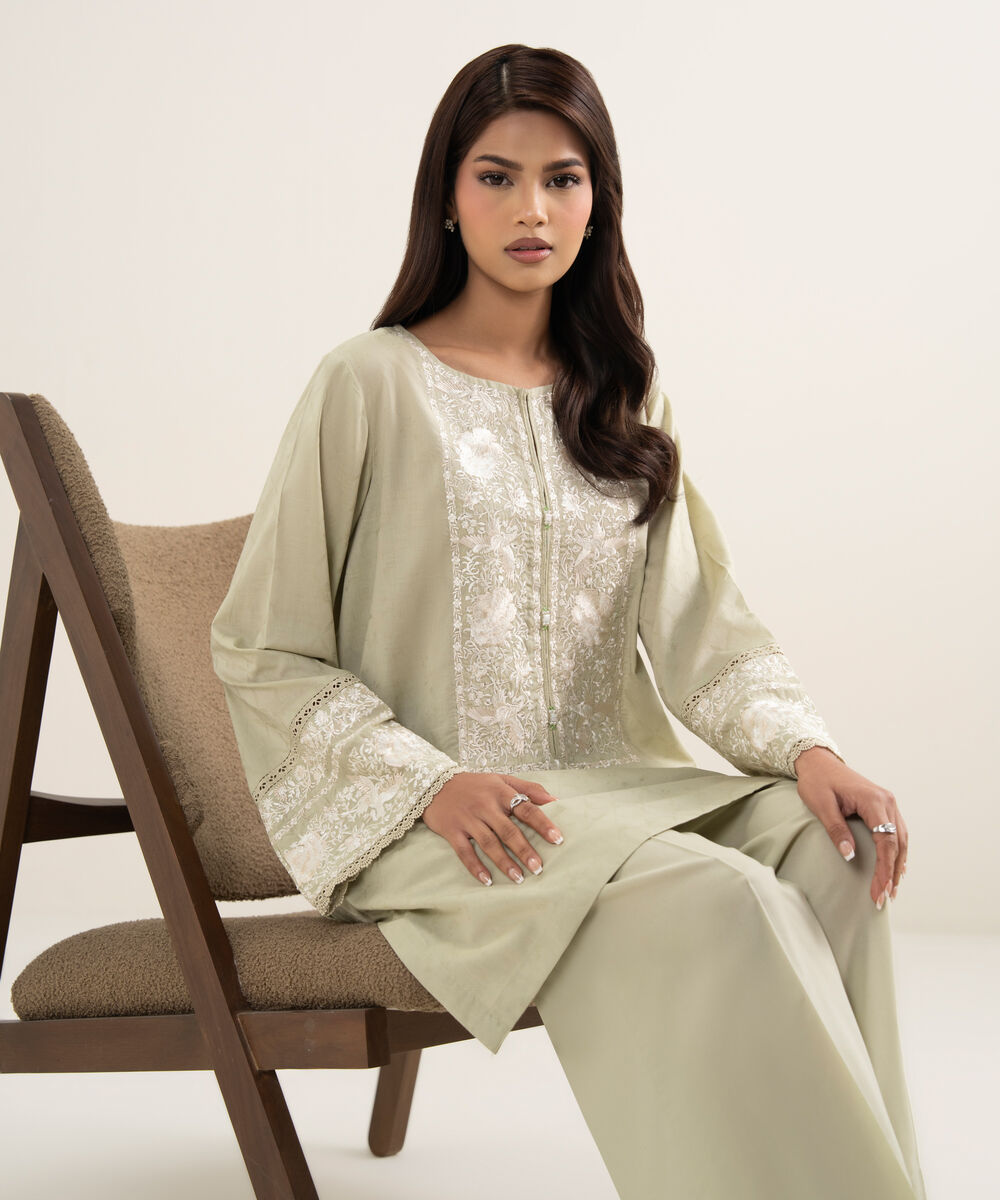 Women's RTW Self Jacquard Embroidered Green Straight Shirt