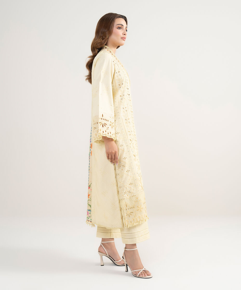 Women's Unstitched Cotton Embroidered Yellow 3 Piece Suit