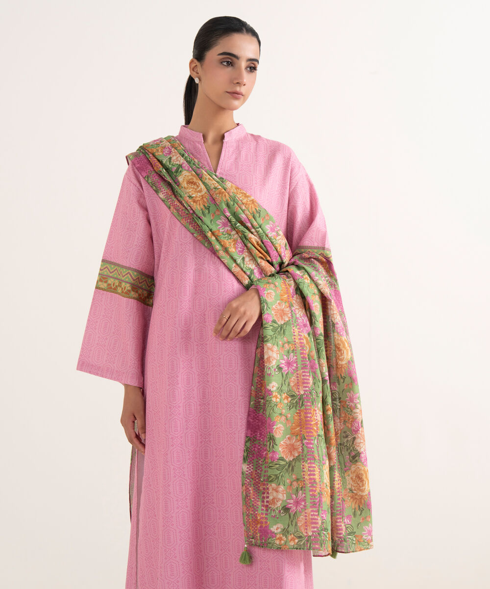 Women's Unstitched Lawn Printed Pink Three Piece Suit