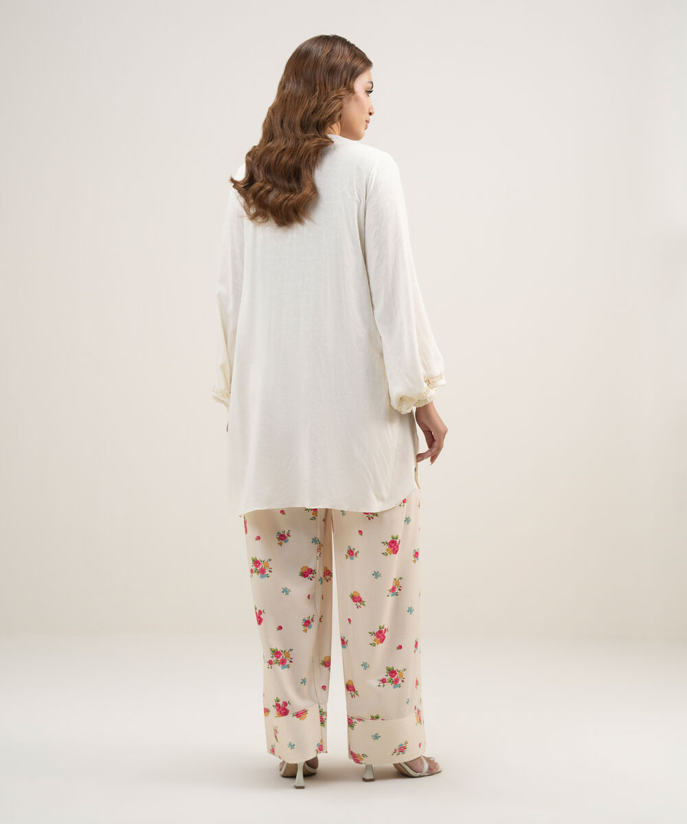 Women's RTW Arabic Self Jacquard Solid Cream White Straight Shirt