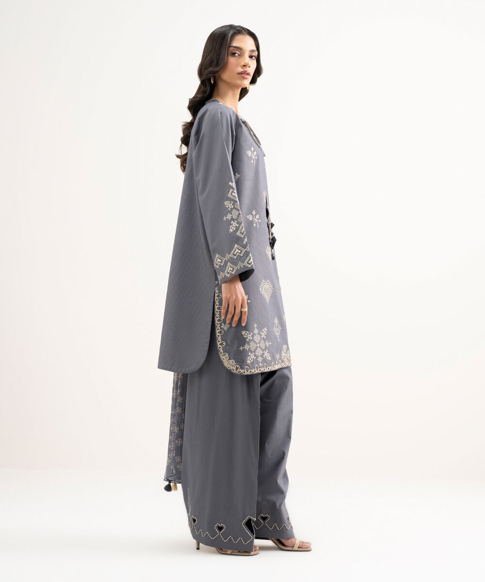 Women's Unstitched Zari Lawn Embroidered Grey 3 Piece Suit