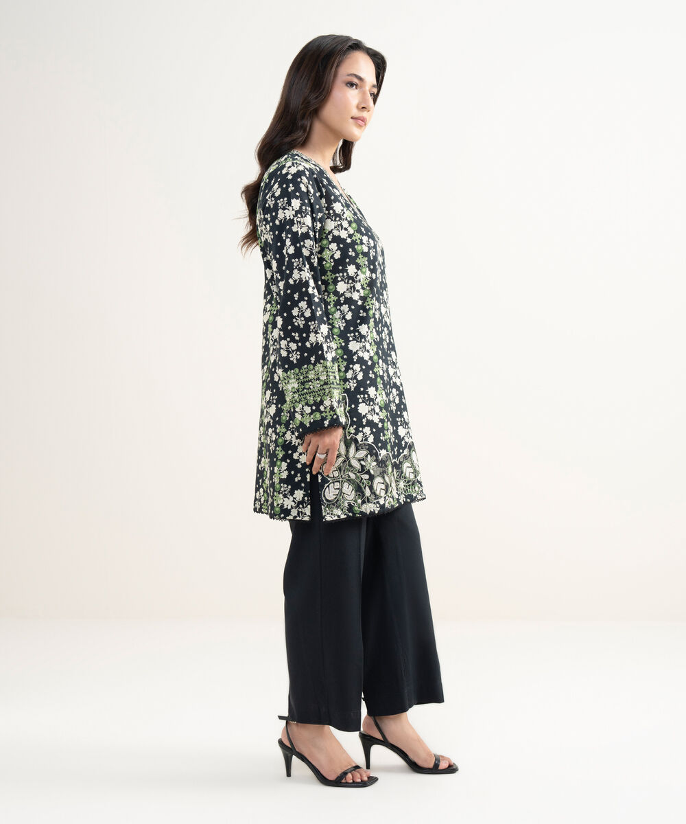 Women's RTW Cotton Viscose Embroidered Black Straight Shirt