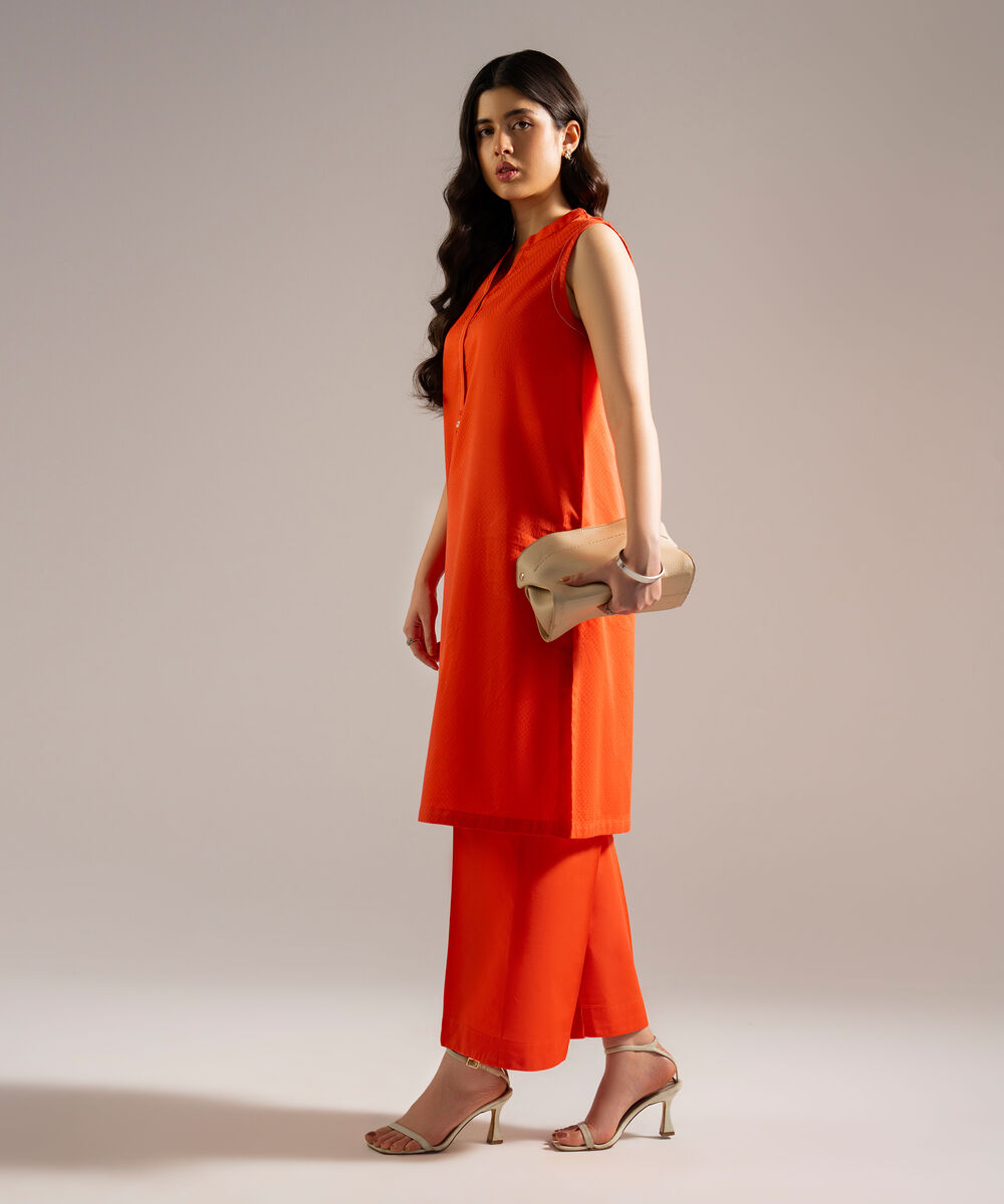 Women's RTW Dobby Solid Orange Straight Shirt