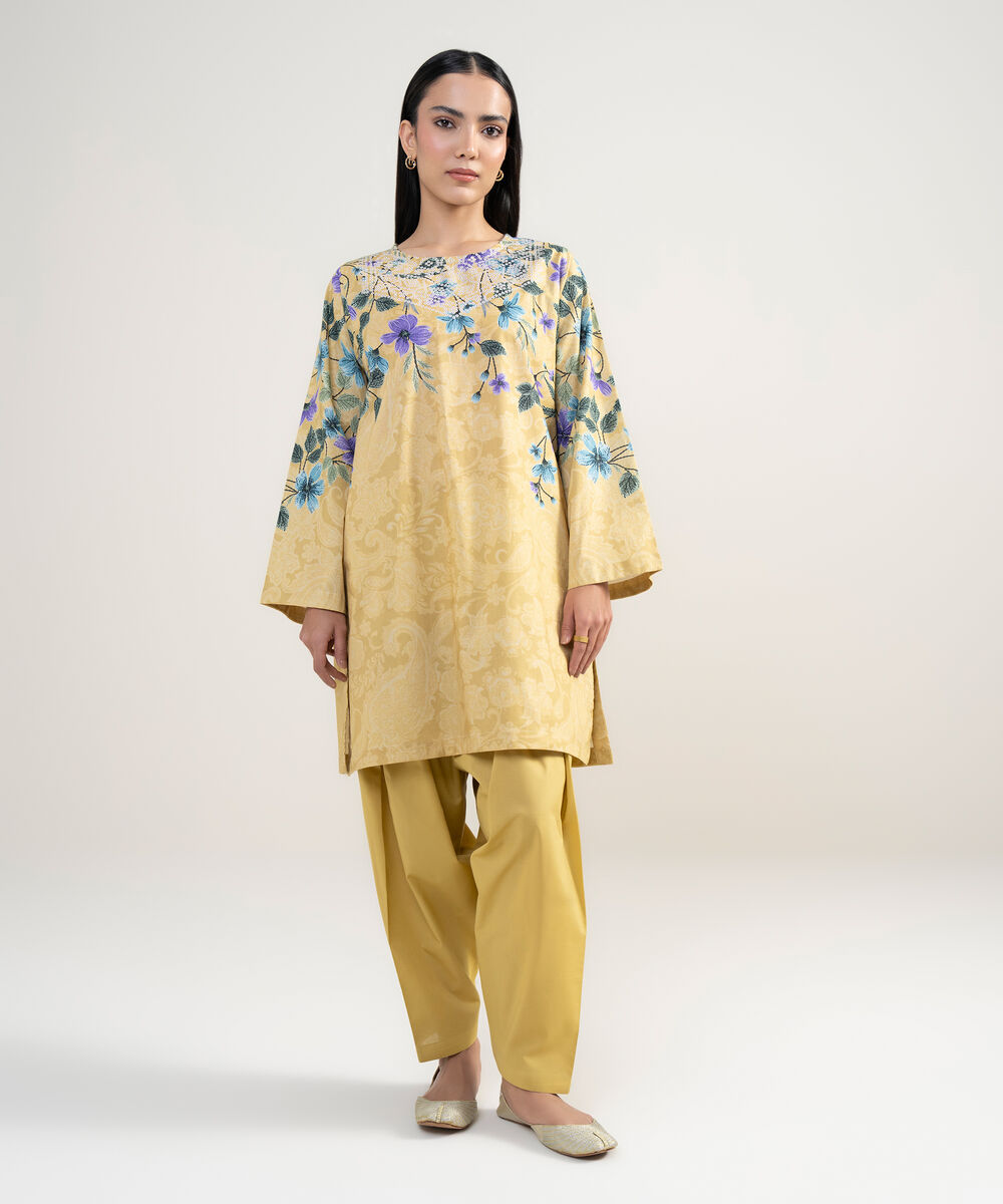 Women's RTW Cambric Printed Yellow Straight Shirt