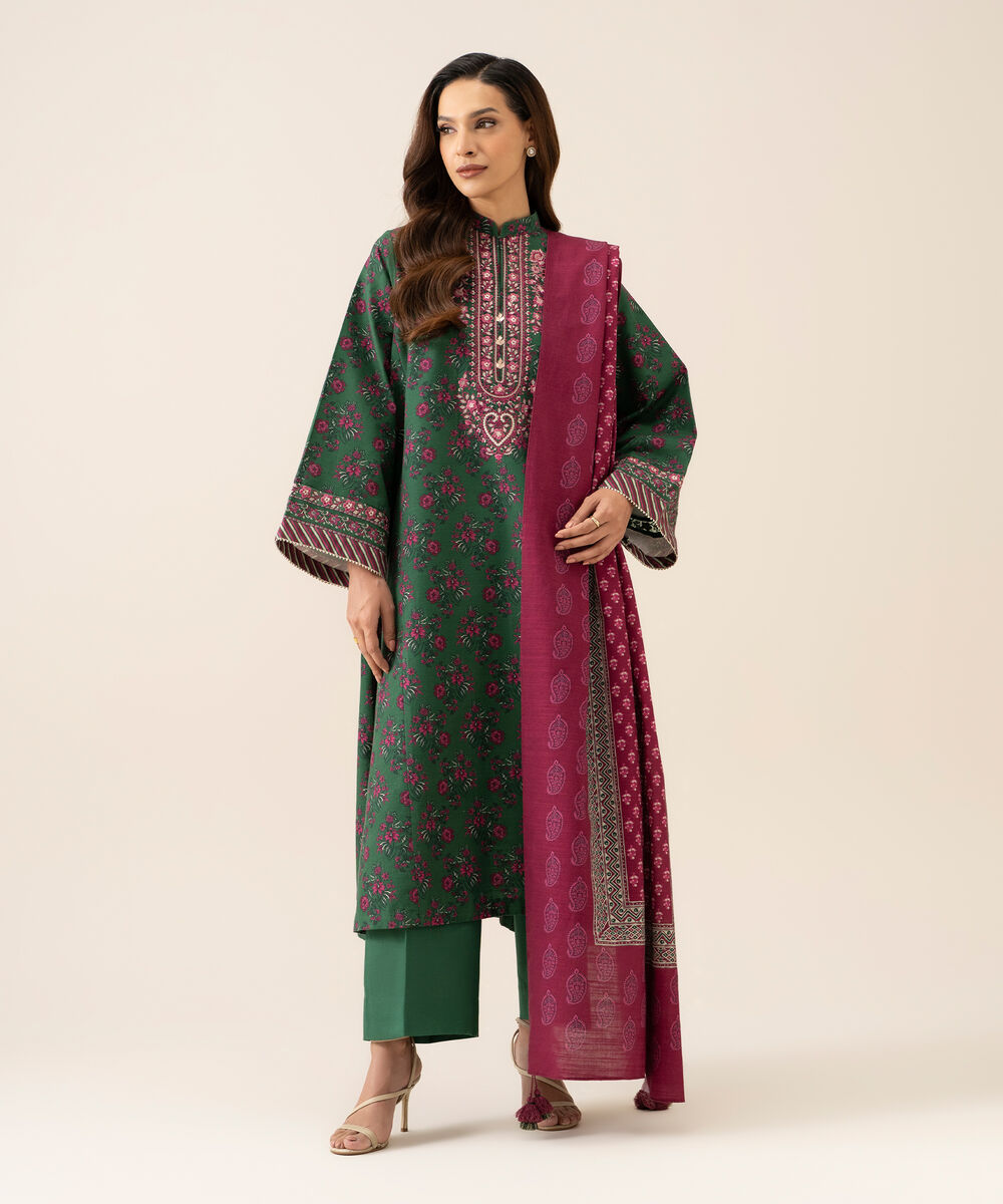 Women's Unstitched Light Khaddar Embroidered Green 3 Piece Suit