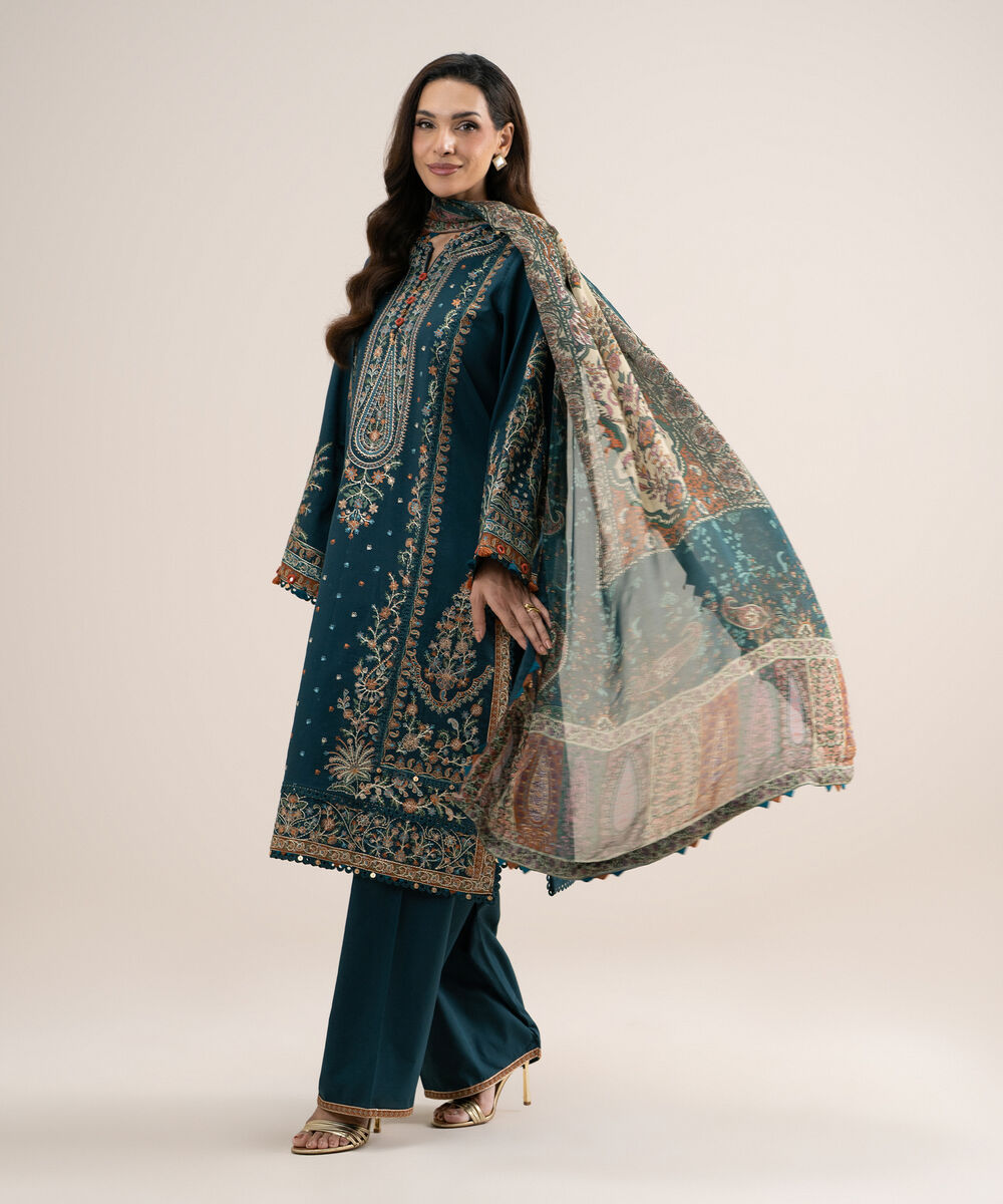 Women's Unstitched Embroidered Fine Cotton Satin Green 3 Piece Suit