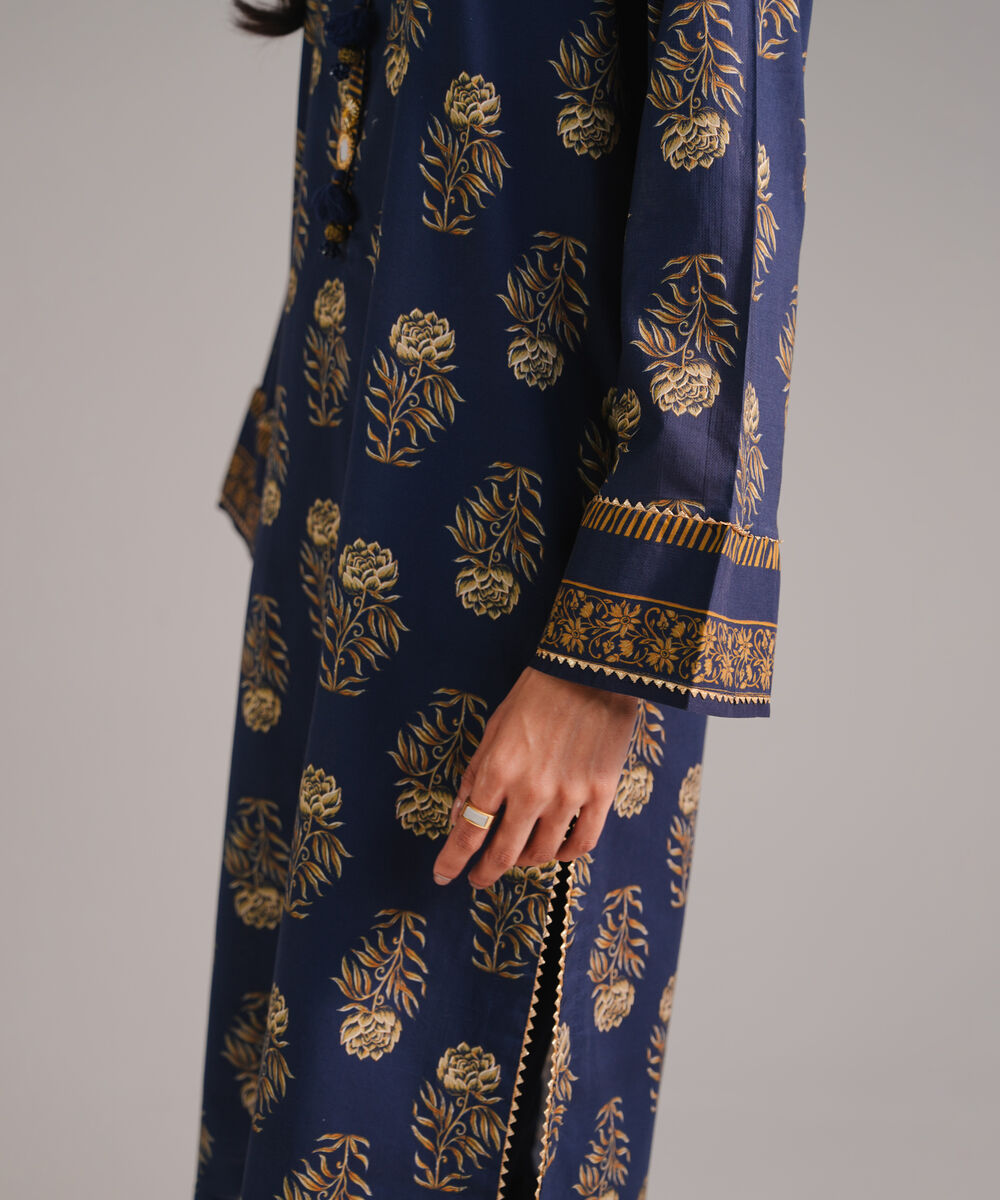 Women's RTW Textured Cotton Printed Dark Blue Straight Shirt