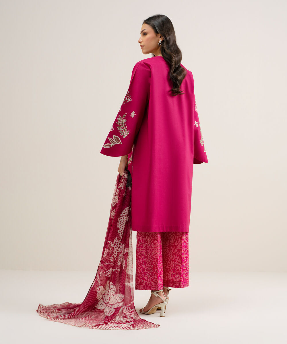 Women's Unstitched Textured Lawn Embroidered Red 3 Piece Suit
