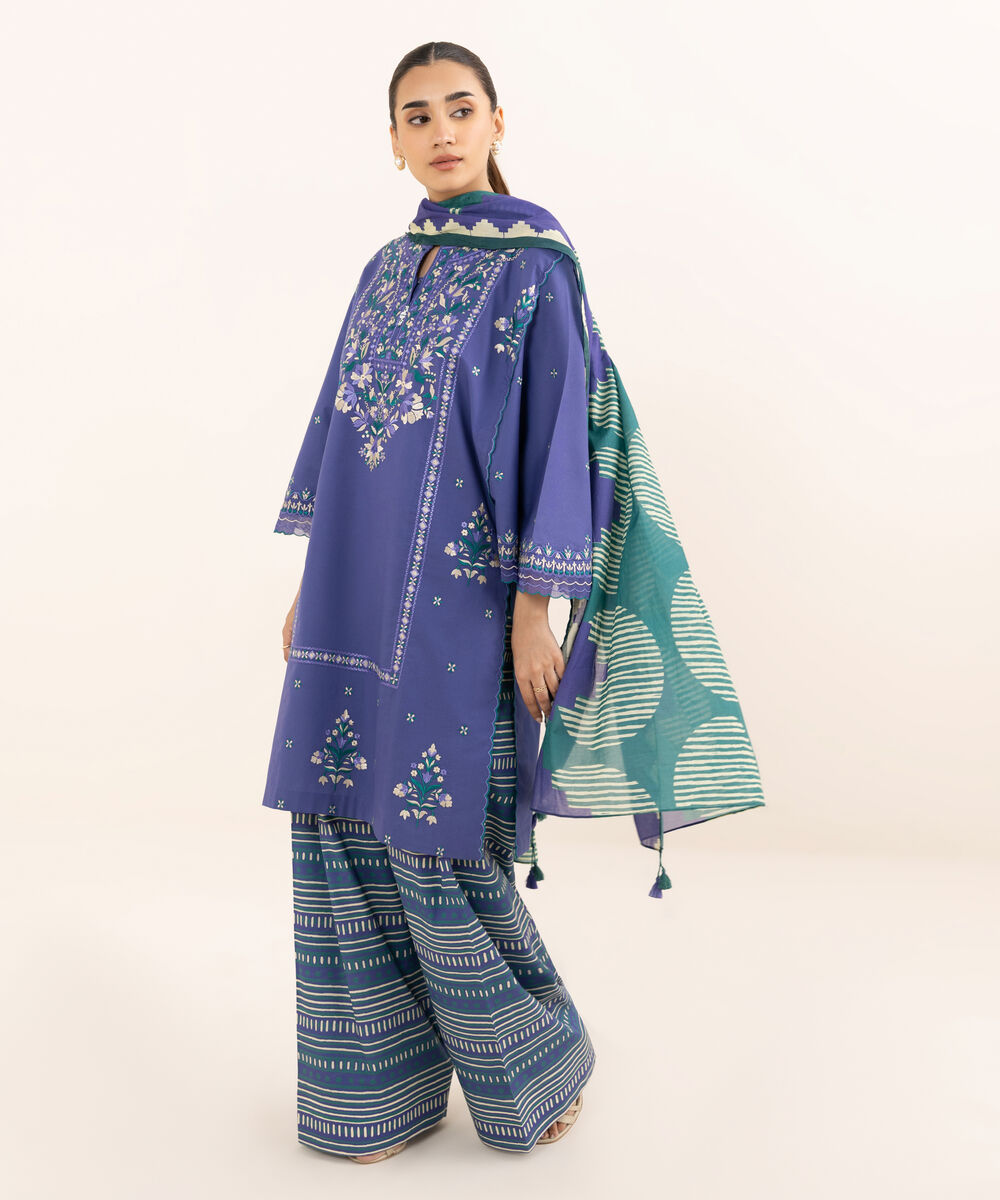 Women's Unstitched Textured Lawn Embroidered Blue 3 Piece Suit
