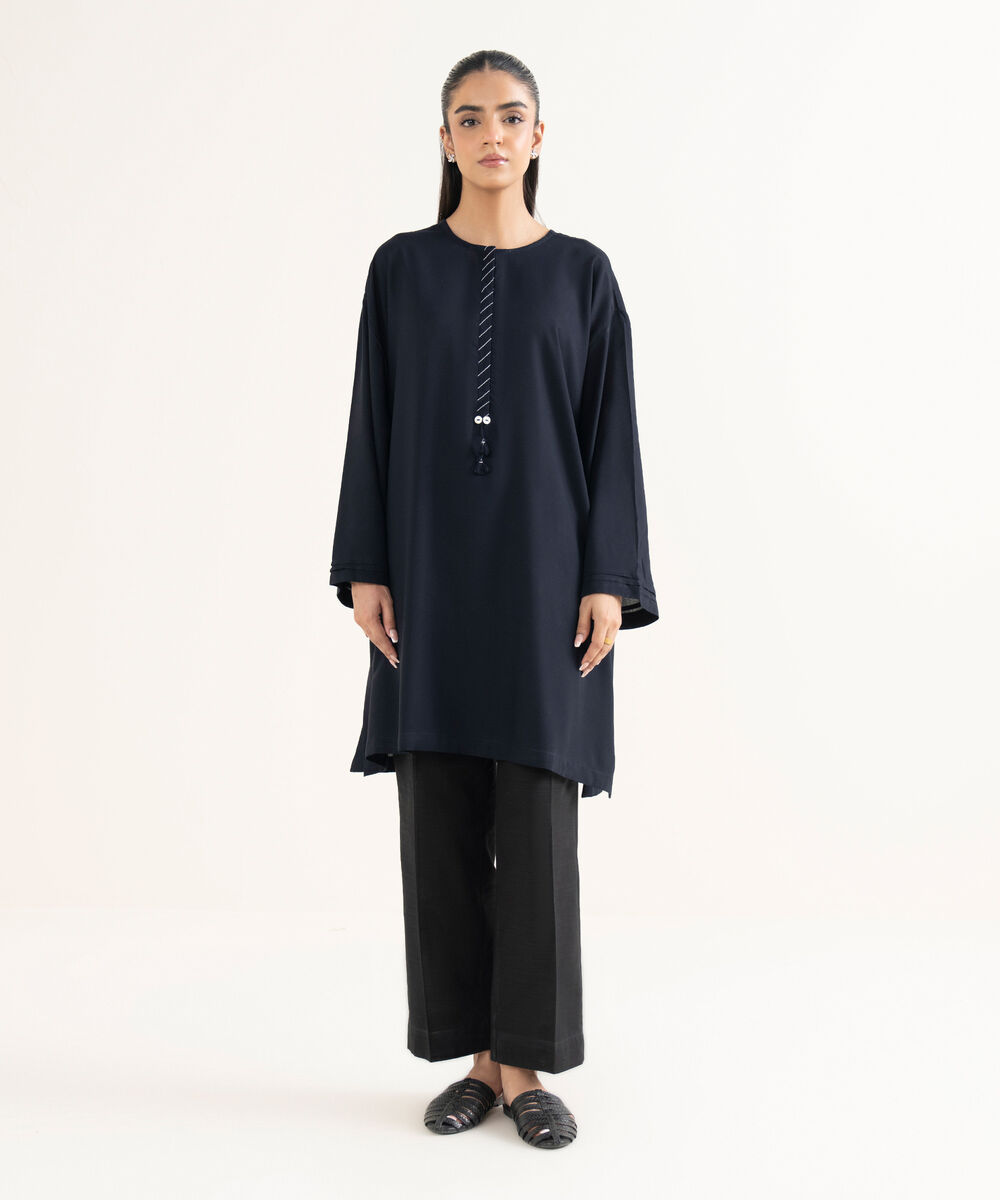 Women's RTW Cotton Viscose Solid Drop Shoulder Black Shirt