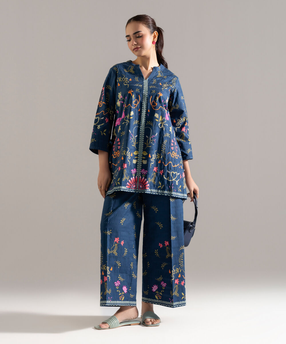 Women's RTW Seersucker Printed Blue Straight Shirt