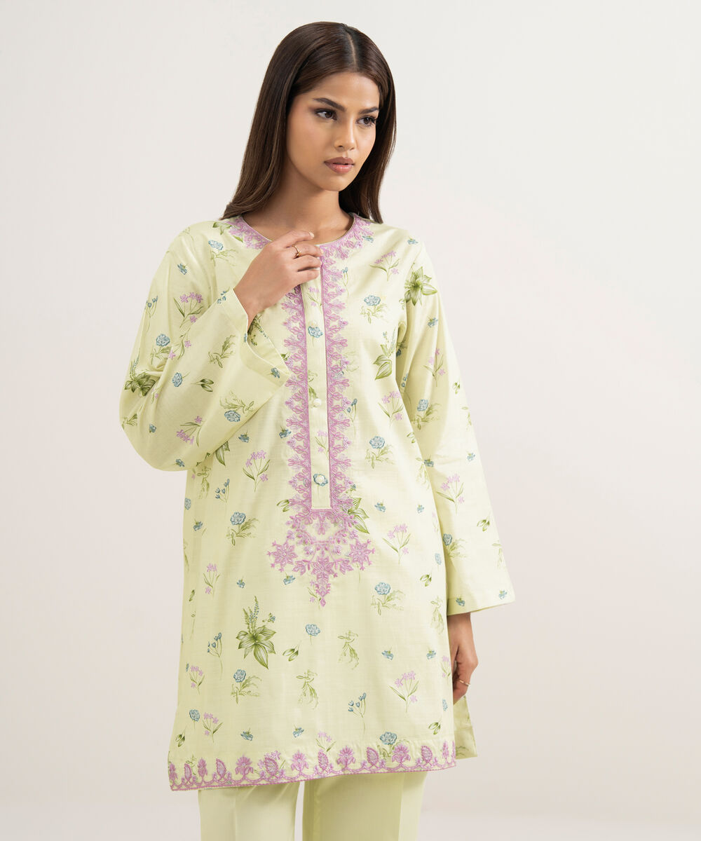 Women's RTW Cambric Embroidered Mint Green Straight Shirt