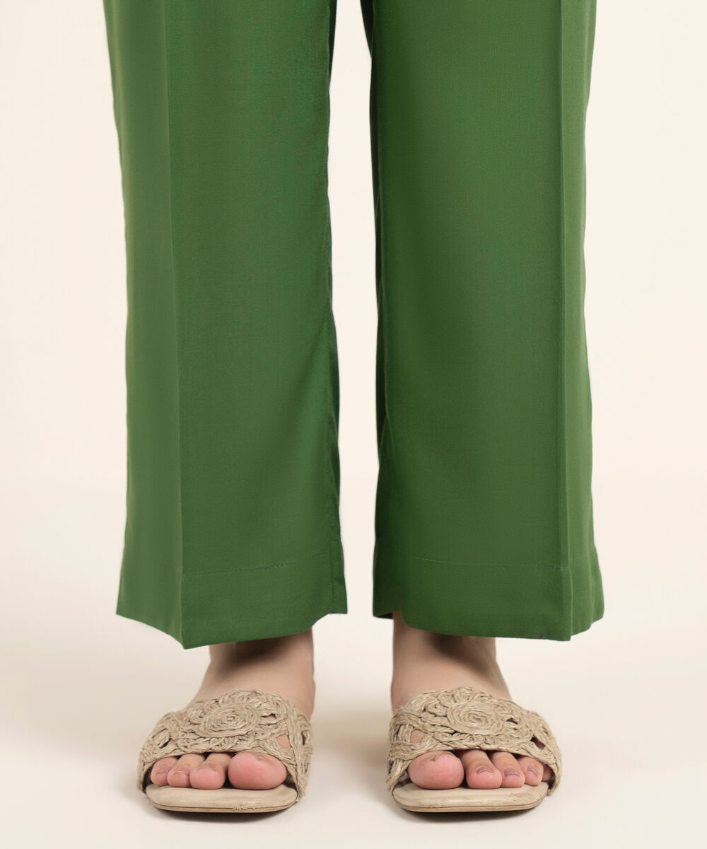 Women's RTW Linen Solid Green Straight Pants
