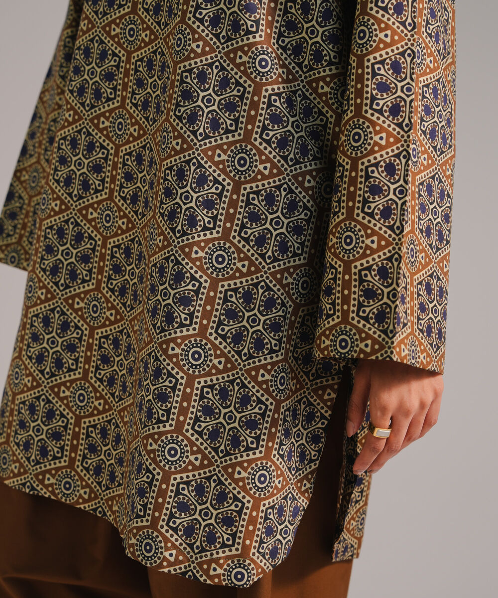 Women's RTW Cambric Printed Brown 2 Piece Suit