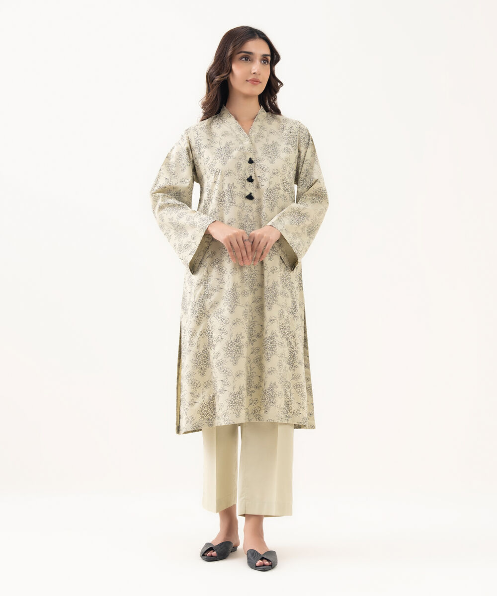 Women's RTW Cotton Viscose Printed Straight Beige Shirt