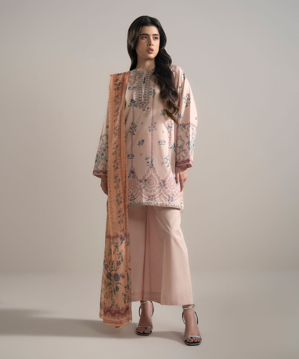 Women's RTW Slub Lawn Embroidered Purple 3 Piece Suit