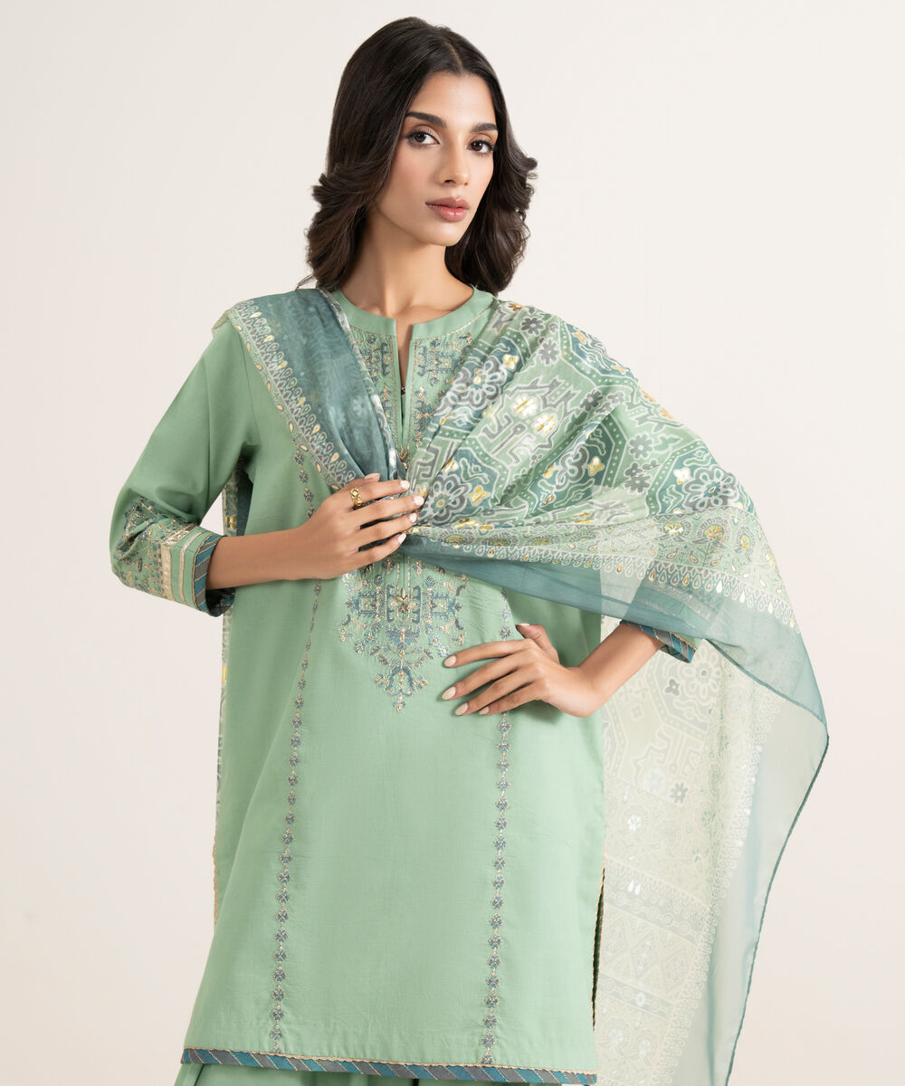 Women's Unstitched Textured Lawn Embroidered Green 3 Piece Suit