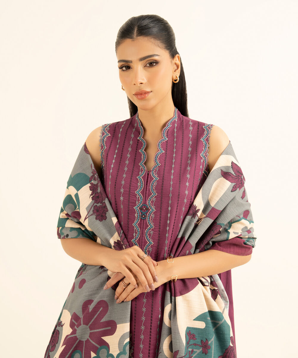 Women's Unstitched Cross Hatch Embroidered Red 3 Piece Suit