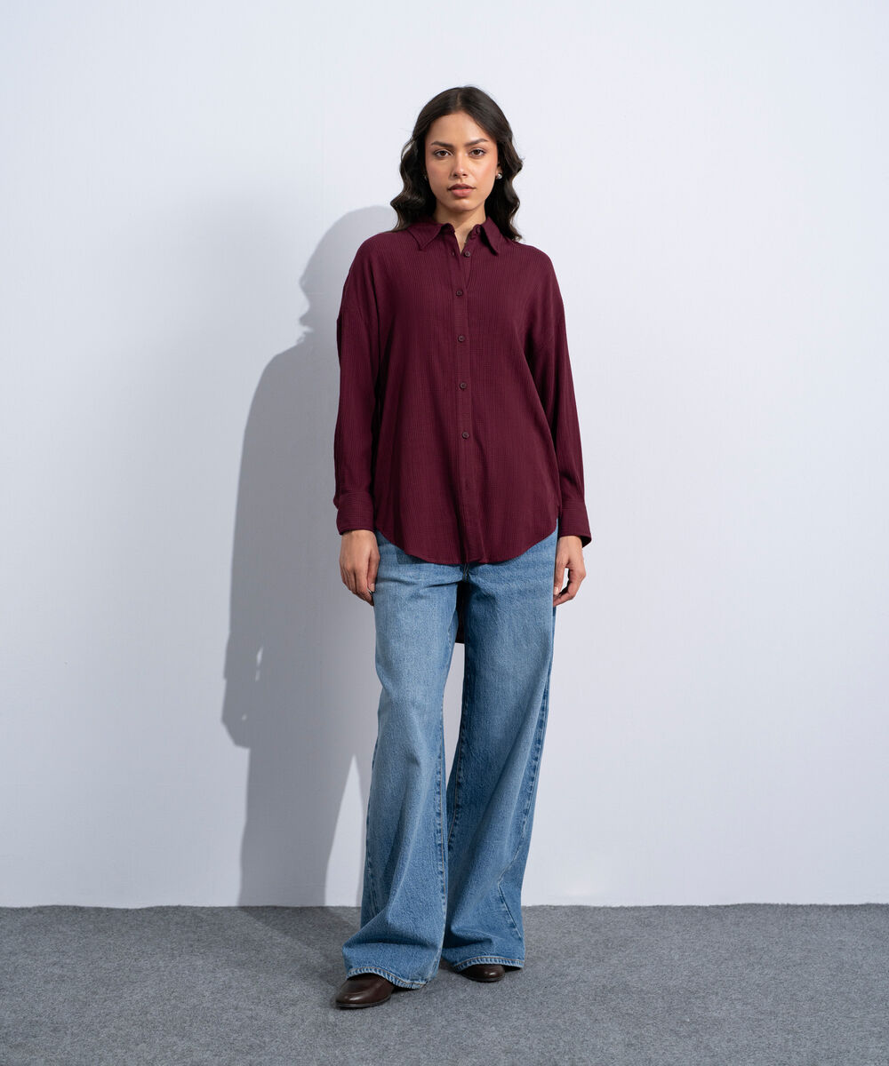 Women's Western Burgundy Button Through Seersucker Shirt