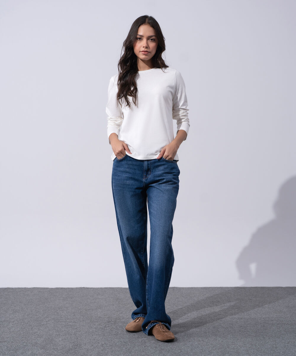 Women's Western Wear White Cotton Full Sleeves Knit T-Shirt