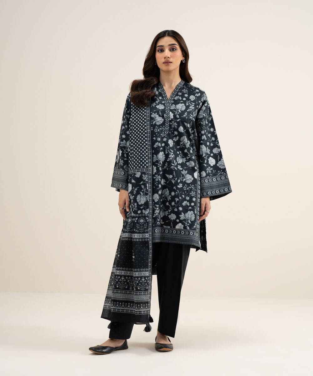 Women's Unstitched Lawn Printed Black 3 Piece Suit