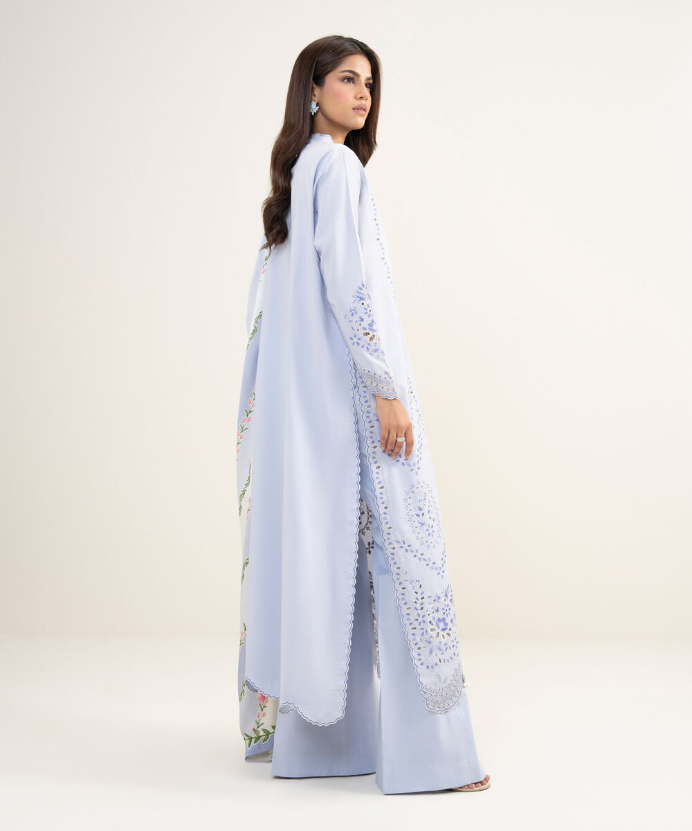 Women's Unstitched Textured Lawn Embroidered Blue 3 Piece Suit