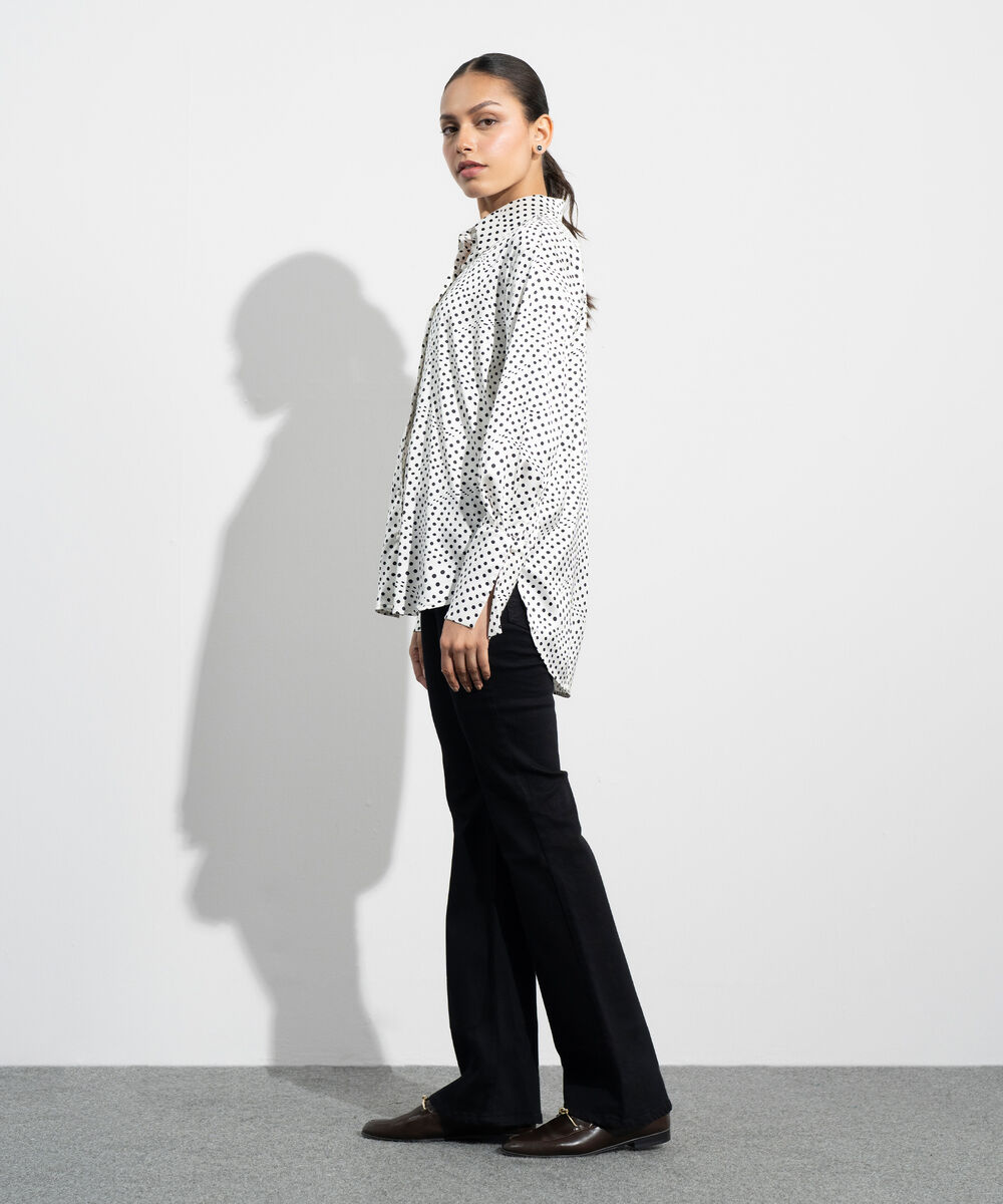 Women's Western Cream And Black Polka Dot Satin Shirt