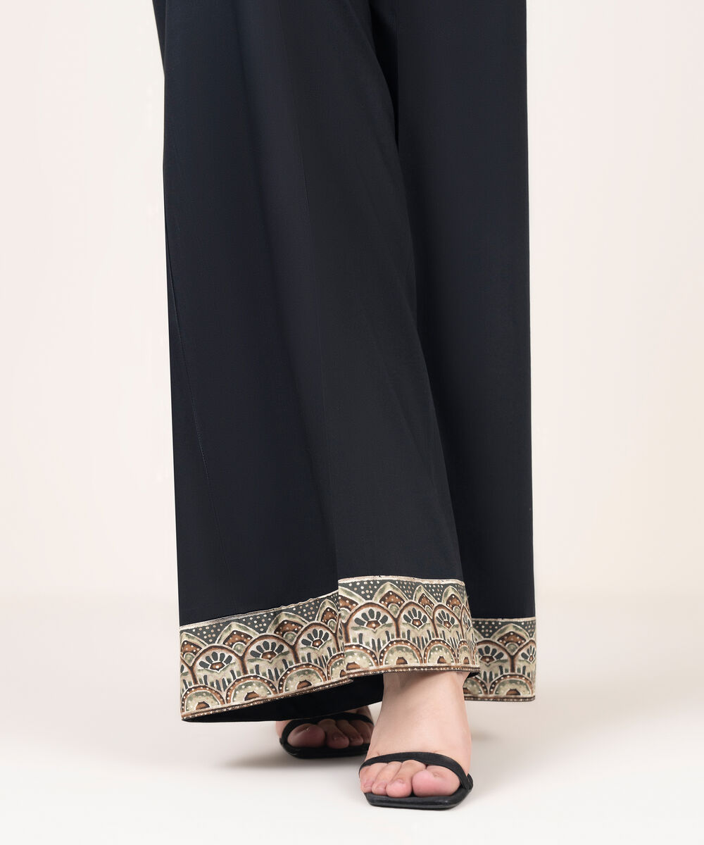 Women's RTW Viscose Linen Solid Black Flared Pants