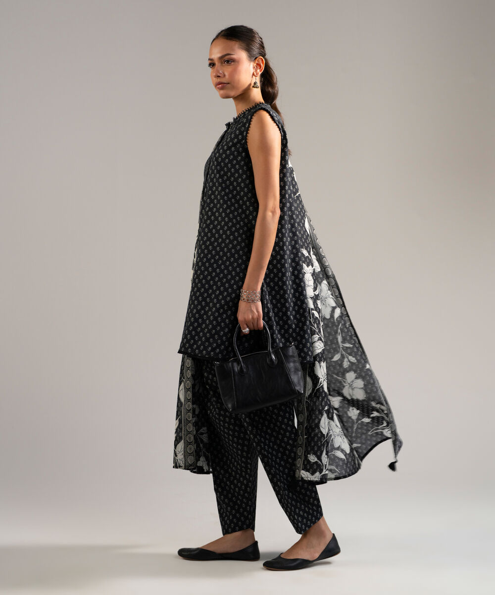 Women's RTW Slub Lawn Printed Black 3 Piece Suit